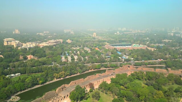Delhi: Aerial view of capital city of India, famous landmark Purana Qila fort (Old Fort) - landscape panorama of South Asia from above
