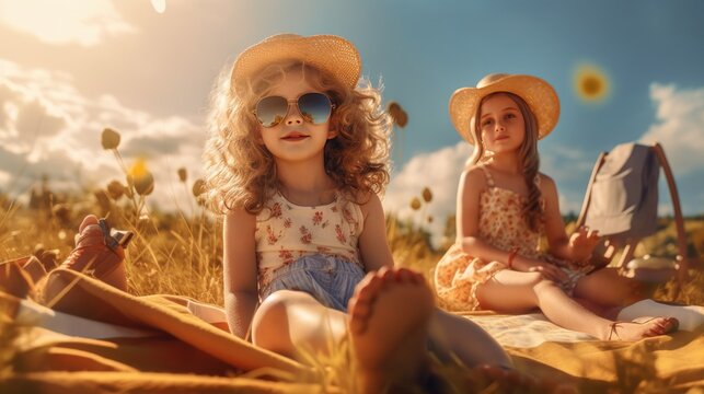 Beautiful cute children sitting on the grass, sunny day, picnic, realistic photography, 8K, AI generative