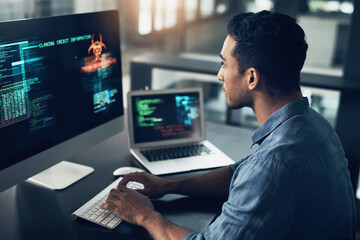 Programming, error and man with cyber security, typing and focus with digital software, scam and finance. Male person, programmer or coder with technology, internet connection or analytics with fraud