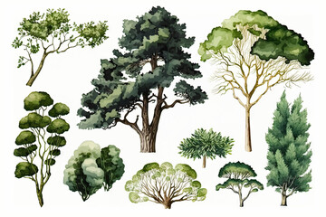 Set of hand drawn trees and bushes. Vector illustration in watercolor style. - obrazy, fototapety, plakaty