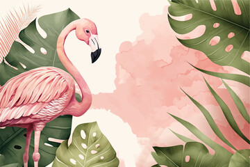 Tropical summer watercolor banner with monstera and flamingo - Powered by Adobe