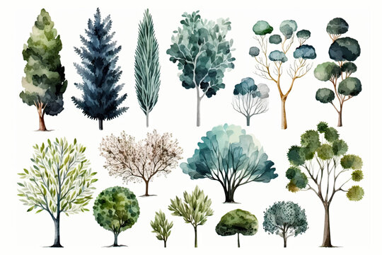 Set of hand drawn trees and bushes. Vector illustration in watercolor style.