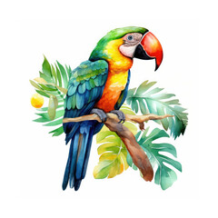 Watercolor tropical parrot on a branch. Hand drawn illustration.