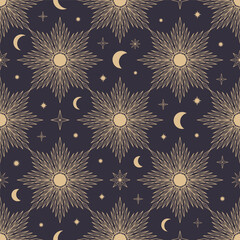 Hand drawn seamless pattern of Sun, Moon, sunburst, stars. Mystical celestial bursting sun rays vector. Magic space galaxy sketch illustration for greeting card, wallpaper, wrapping paper, fabric