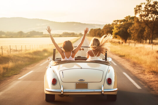 Illustration of two girls in comvertible car