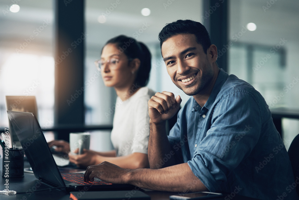 Aufkleber Man, portrait and happy programmer on laptop in office for deadline at night. IT, face and male coder programming, coding or writing for software development or information technology with coworker.