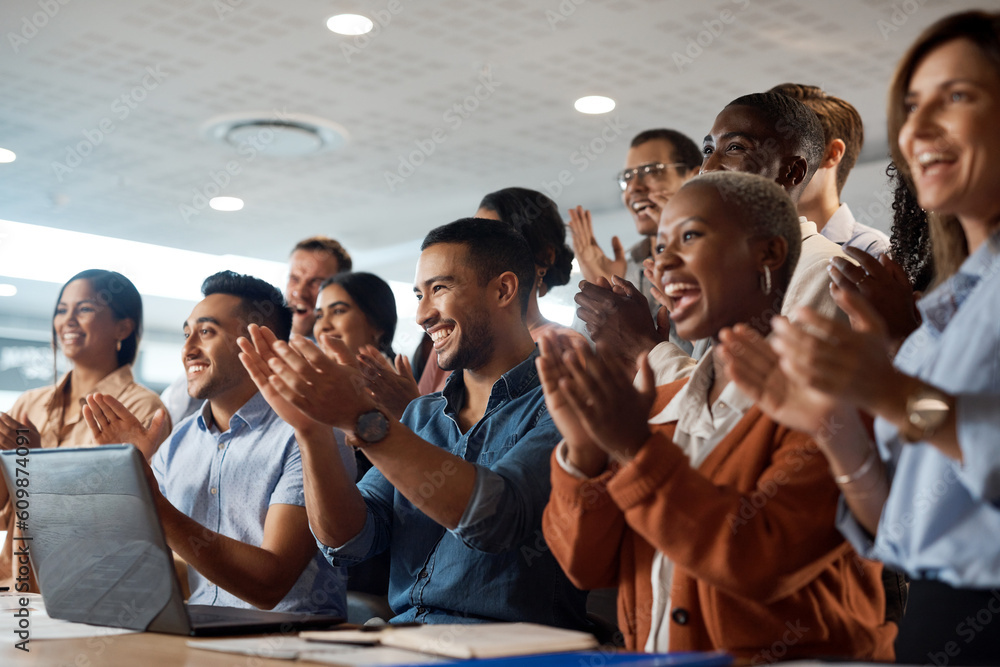 Poster applause, support and success with a business team clapping as an audience at a conference or semina