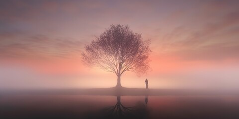 Fototapeta na wymiar AI Generated. AI Generative. Photo illustration of fog mist mystic lovely tree of life. Adventure nature outdoor romantic vibe. Graphic Art