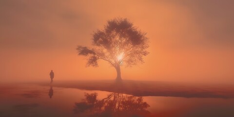 Fototapeta na wymiar AI Generated. AI Generative. Photo illustration of fog mist mystic lovely tree of life. Adventure nature outdoor romantic vibe. Graphic Art