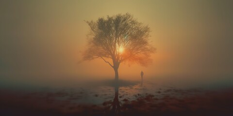 Fototapeta premium AI Generated. AI Generative. Photo illustration of fog mist mystic lovely tree of life. Adventure nature outdoor romantic vibe. Graphic Art