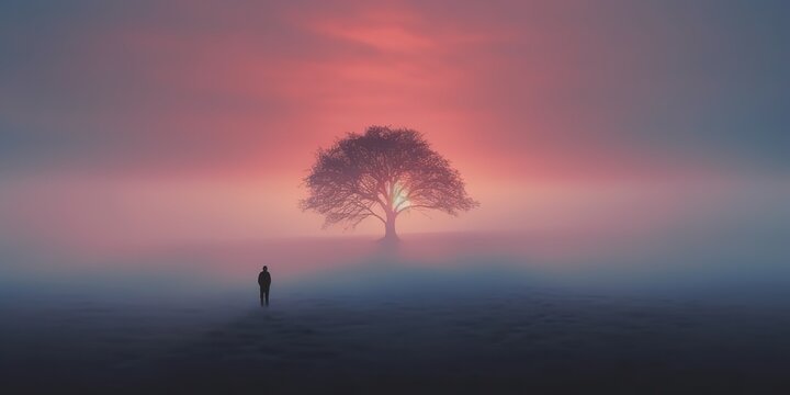 AI Generated. AI Generative. Photo illustration of fog mist mystic lovely tree of life. Adventure nature outdoor romantic vibe. Graphic Art