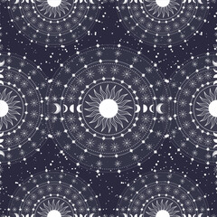 Hand drawn seamless pattern of Sun, Moon, stars. Mystical celestial circle galaxy space with sun rays. Magic vector sketch illustration for greeting card, wallpaper, wrapping paper, fabric