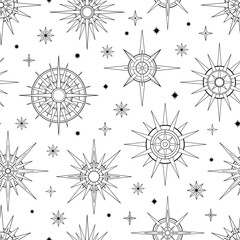 Hand drawn seamless pattern of Sun and stars. Mystical celestial bursting sun rays, circle vector talisman. Magic space galaxy sketch illustration for greeting card, wallpaper, wrapping paper, fabric