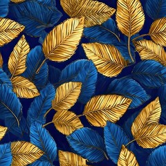 Gold and navy blue leaves, seamless foliage pattern. Generative AI