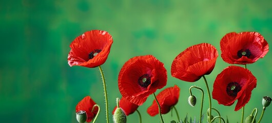 Red poppies on green background, summer poppy flowers on a green grass blured meadow. Generative AI.