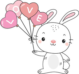 Cute bunny rabbit holding LOVE balloons. Png clipart isolated on transparent background