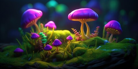 Fototapeta na wymiar Magical mysterious mushrooms. Growing microorganisms. Generative AI. Illustration for banner, poster, cover, brochure or presentation.