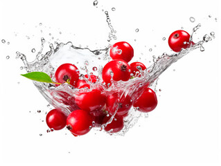 Falling cranberries meets water in a splash, white background. Lots of crystal drops. AI generative illustration. - 609875046