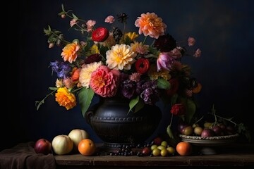 Fototapeta premium Flower Still Life Bouquet in Vintage Vase, Ancient Dutch Masters Imitation, Abstract Generative AI Illustration