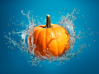 Falling pumpkin vegetable meets water in a splash, blue background. Lots of crystal drops. AI generative illustration.