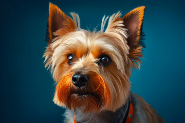 Portrait of Yorkshire terrier dog, closeup, isolated on dark blue background. generative AI