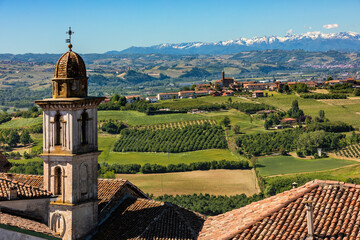 Rural fields, roofs and belfry in small town of Govone, Italy.