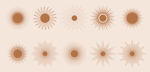 Fototapeta premium Hand drawn set of Sun, sunburst, light rays in line art. Bohemian symbol bursting sun rays. Magic talisman, antique style, boho, tattoo, logo. Vector illustration isolated on beige background.