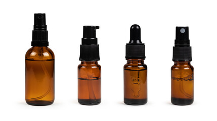 Collection amber glass bottles for cosmetics, natural medicine, essential oils or other liquids