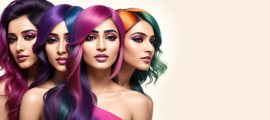 Fototapeta premium Web banner of beauty hair salon. Group of indian women with bright multicolored rainbow hair. Beige backround with copy space. Ai generation. Hair care and dyed