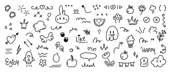 Set of cute pen line doodle element vector. Hand drawn doodle style collection of heart, arrows, scribble, flower, rocket, star, butterfly, words. Design for print, cartoon, card, decoration, sticker.