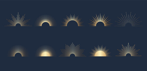 Hand drawn set of golden Sun, sunburst, light rays in line art. Bohemian symbol bursting sun rays. Magic talisman, antique style, boho, tattoo, logo. Vector illustration isolated on blue background.