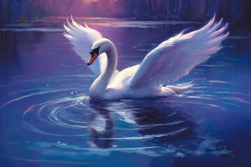 swan gracefully gliding across a moonlit lake. combination of deep blues, purples, and silver tones to evoke a sense of enchantment and magic  