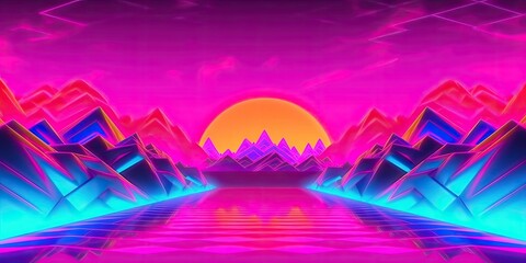 Retro futuristic synthwave retrowave landscape, sunset on background illustration. Generative AI