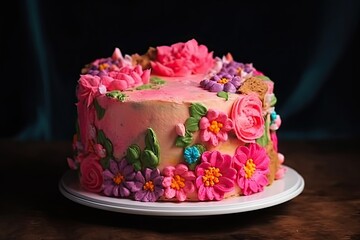 Obraz na płótnie Canvas Beautiful cake decorated with many flowers. Wedding pie. Generative AI