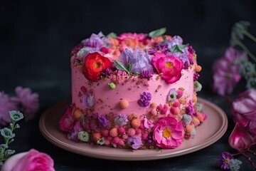 Obraz na płótnie Canvas Beautiful cake decorated with many flowers. Wedding pie. Generative AI