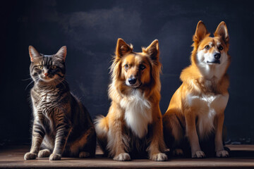 Naklejka na ściany i meble portrait of adorable cat and two dogs together. animal friendship. generative AI