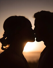 Romantic Sunset Embrace: Capturing Love's Silhouette, generative AI