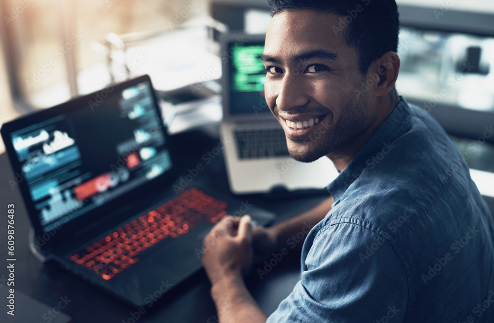 Aufkleber Portrait, man and smile of programmer on computer in office workplace at night. IT, face and male coder or person programming, coding and writing for software development or information technology.