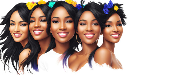 Web banner of multiracial group of young smiling women with flowers in hair isolated in white background. Copy space. Ai generative. Concept of feminism and equality