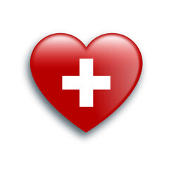 illustration of a red heart with a white cross. Medical symbol. 3D drawing of heart.