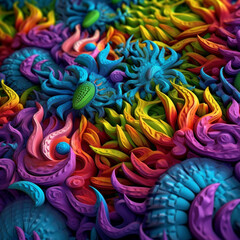 Fototapeta na wymiar a colorful 3d render of some different plants and creatures, in the style of intricate psychedelic patterns, pattern explosion, mark henson, focus stacking, poured, aries moross, vibrant.