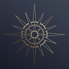 Hand drawn mystical golden Sun in line art. Bohemian symbol bursting sun rays. Magic celestial circle talisman, antique style, boho, tattoo, logo. Vector sketch illustration on blue background