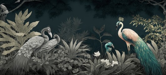 wallpaper jungle and leaves tropical forest peacock and forest birds, illustration, Generative ai