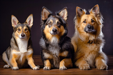 Portrait of three dogs, isolated on dark background. animals friendship. generative AI