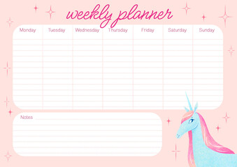 Unicorn timetable pink template. Weekly planner, seven days of the week and space for notes. A2 or A3 size print. Cute design, pastel colors