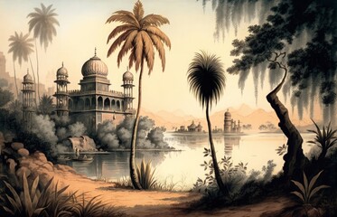 landscape painting of palm trees and river banks of India with ancient temples, illustration, Generative ai