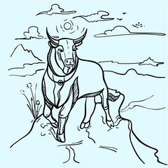 Fototapeta na wymiar Bull totem symbol on landscape background. Esoteric. Illustration Ink lineart