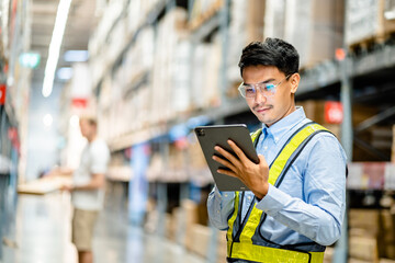 Warehouse Worker using digital tablets to check the stock inventory in large warehouses, a Smart...
