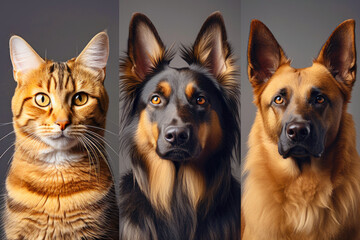 Closeup collage from portraits of two cute dogs and beautiful cat. generative AI