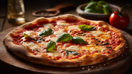 Margherita pizza on a rustic wooden table